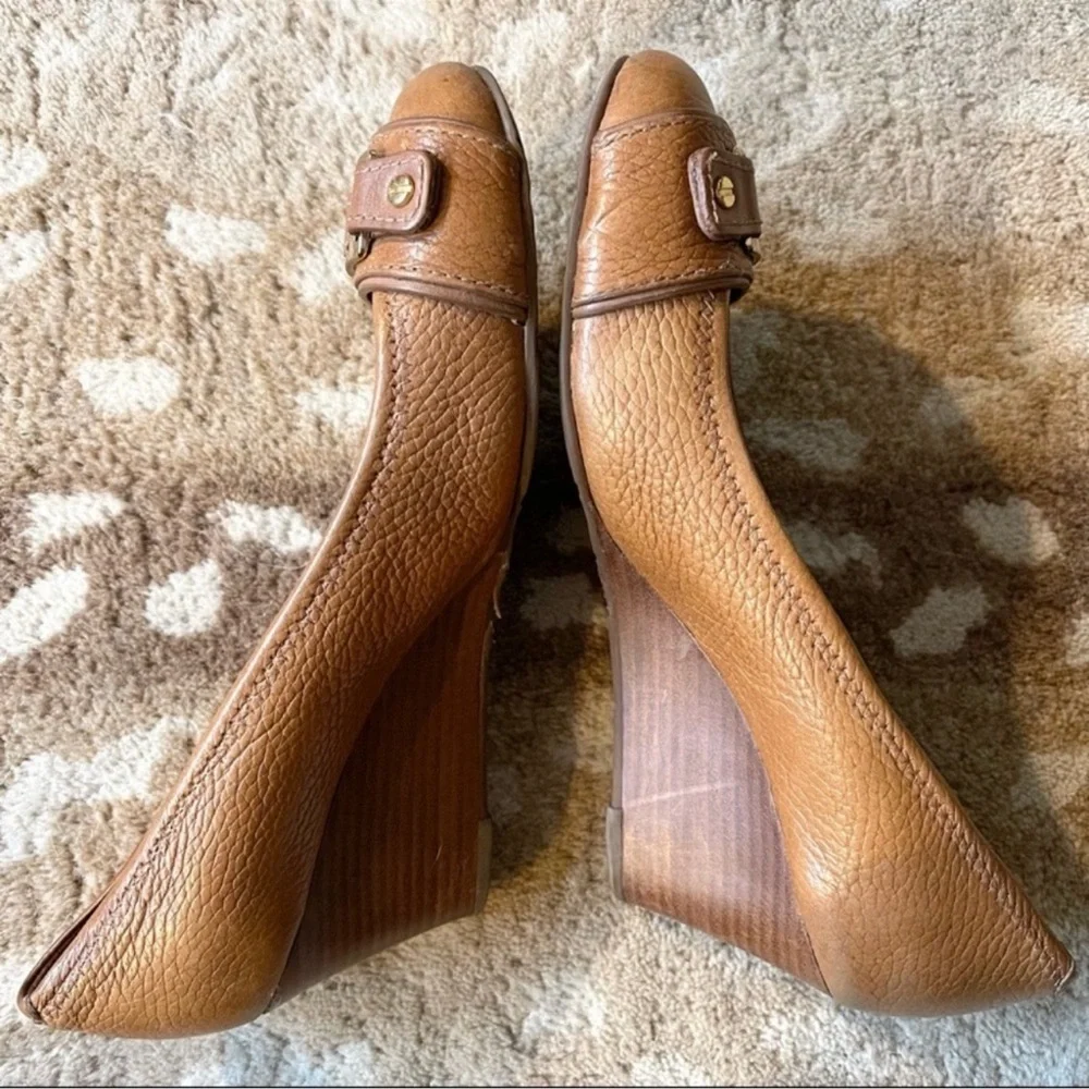 Tory Burch Cognac Leather Wedge Pumps with Gold Logo Accent